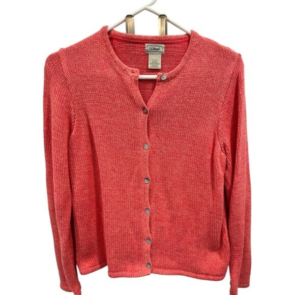 LL Bean Womens Cotton Knit Cardigan Sweater Coral Pink Button Up Small S - Picture 1 of 4